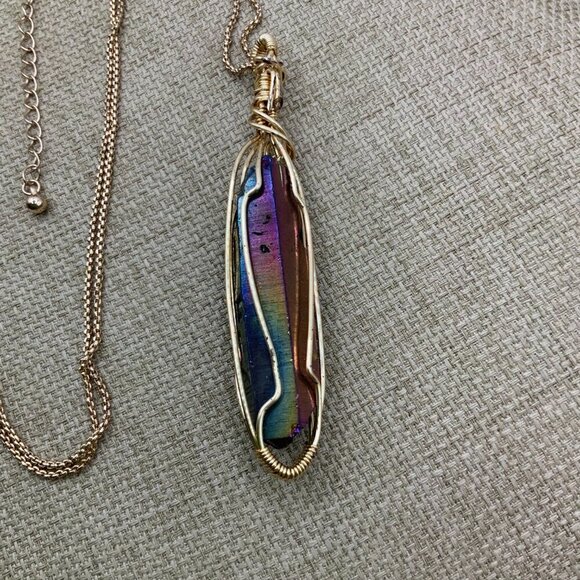 Rainbow Quartz Crystal Gold Tone Wire Wrapped Pendant Long Chain Necklace - Picture 4 of 7